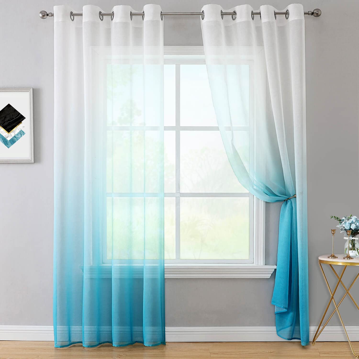 Blue Gradient Color Kitchen Tulle Curtain