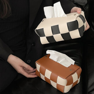 Checkerboard Woven Tissue Box PU Leather Napkin Case
