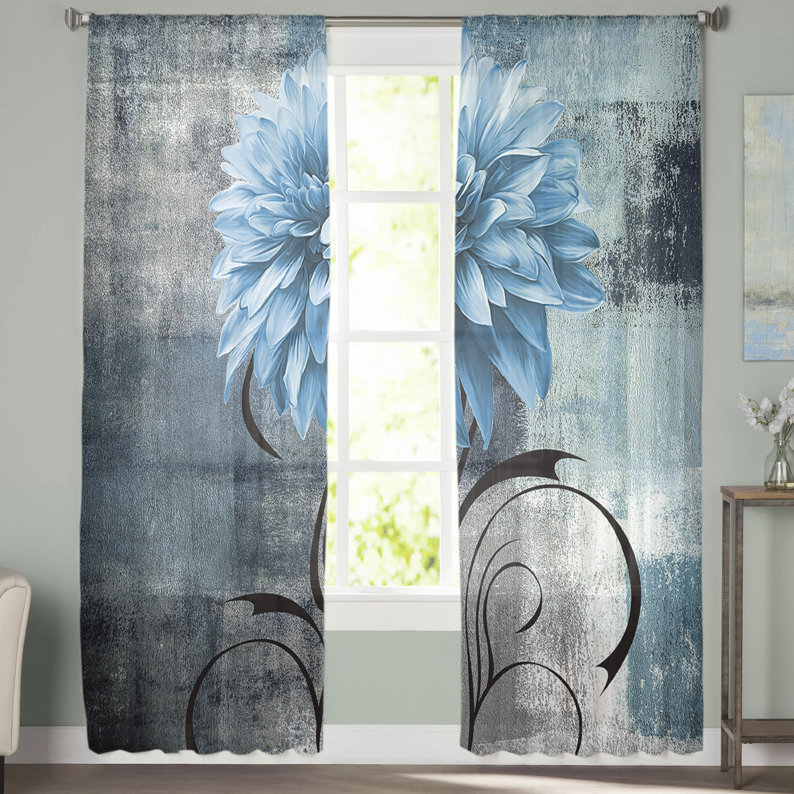 Oil Painting Blue Tulle Sheer Curtains - Image 2