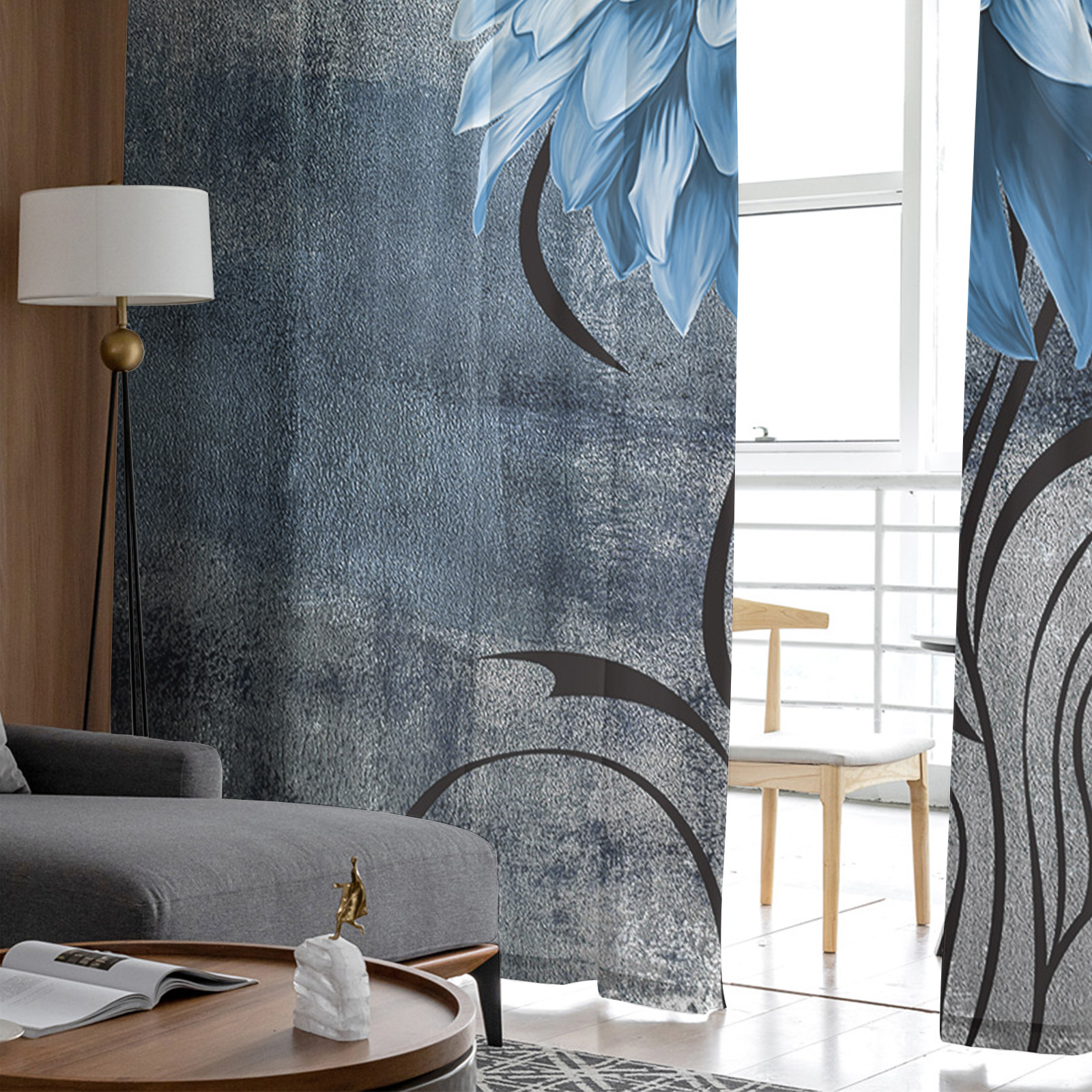 Oil Painting Blue Tulle Sheer Curtains - Image 3