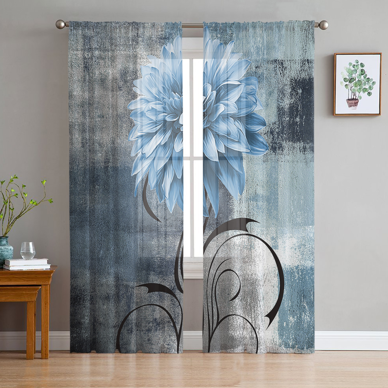 Oil Painting Blue Tulle Sheer Curtains