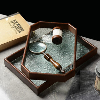 Octagon Walnut-Colored Embossed Glass Wooden Tea Tray Decoration Tray