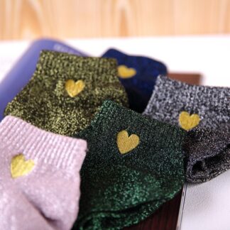 Embroidery Gold Heart Love Glitter Socks Size 35-40