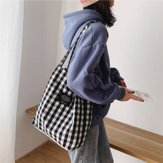 Fashion Simple Women Canvas Handbag Plaid Shoulder Bag