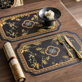 2PCS Chinese Flower Print Waterproof Faux Leather Placemats
