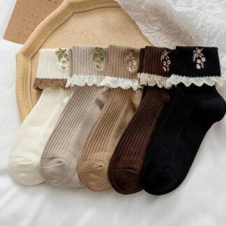 Flower Embroidery Solid Woman Socks