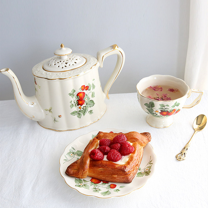 French Retro Strawberry Teapot Cup Set with Gold Edge Cup Saucer - Image 2