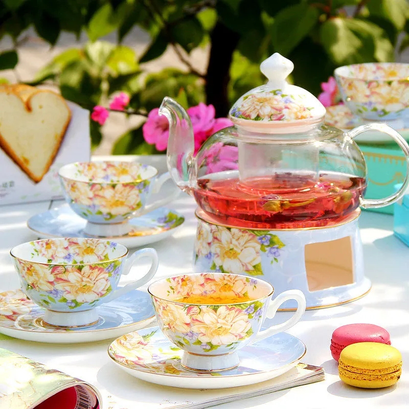 European-style Glass Flower Teapot & Tea Cup Set