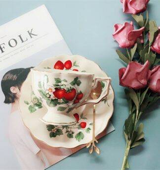 European Vintage Flower Ceramic with Gold Rim Tea Cup, Saucer and Spoon Set