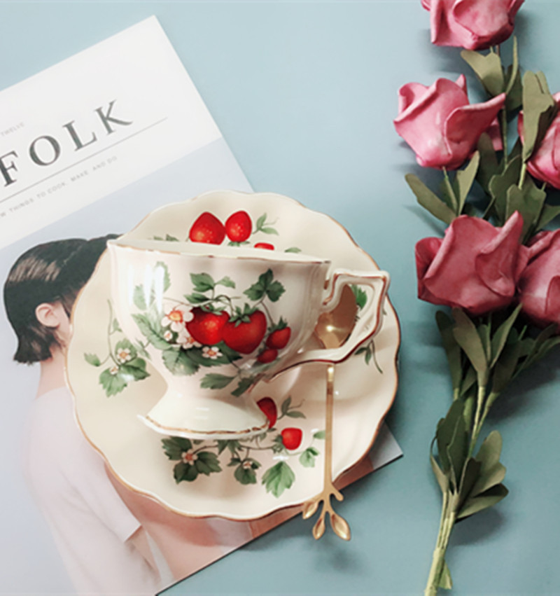 European Vintage Flower Ceramic with Gold Rim Tea Cup, Saucer and Spoon Set