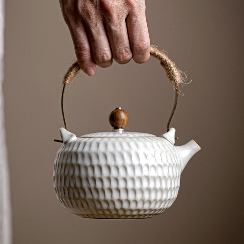 Japanese White Ceramic Teapot with Heat-Resistant Loop-Handled - Image 3