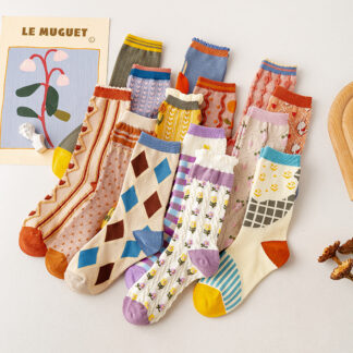Japanese Mid-Tube Socks Floral Trendy Cotton, 3 Pairs