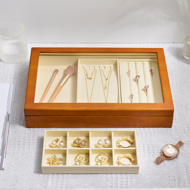 Vintage Solid Wooden Jewelry Box Display Case Organizer with Lid - Image 2