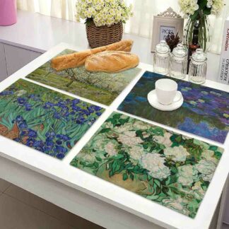 4PCS Famous Oil Paintings Cotton Linen Placemat Kitchen Decor
