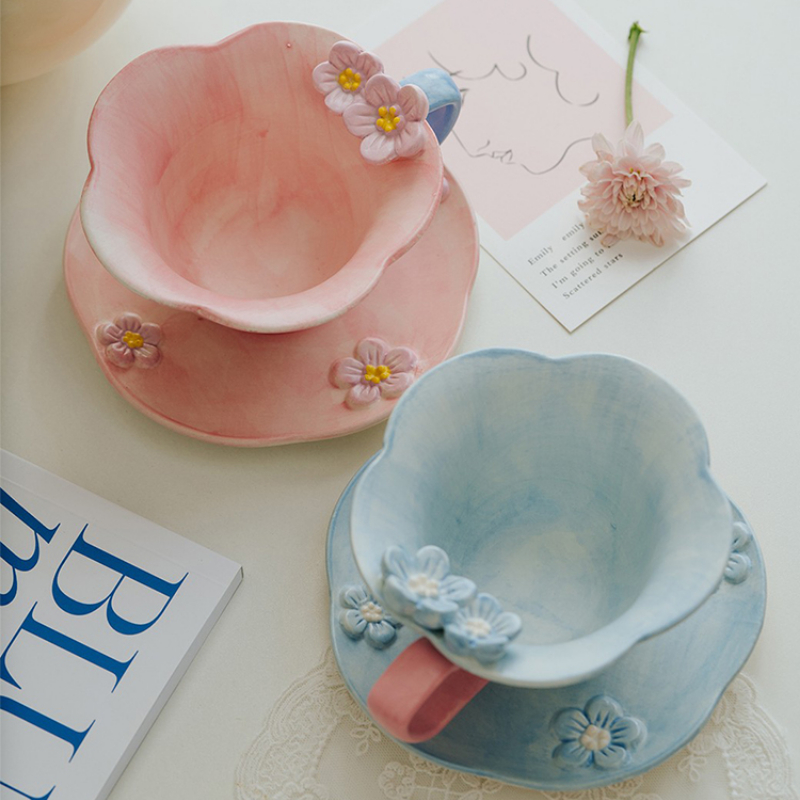 Three-dimensional Relief Hand-painted Underglaze Color Ceramic Plum Tea Cup and Saucer Set - Image 4