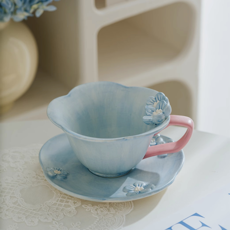 Three-dimensional Relief Hand-painted Underglaze Color Ceramic Plum Tea Cup and Saucer Set - Image 7