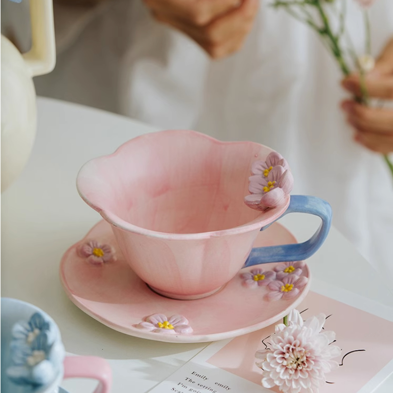 Three-dimensional Relief Hand-painted Underglaze Color Ceramic Plum Tea Cup and Saucer Set
