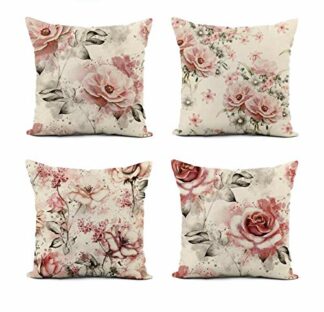 4PCS Modern Flower Printed Linen Pillow Covers Set Home Decoration