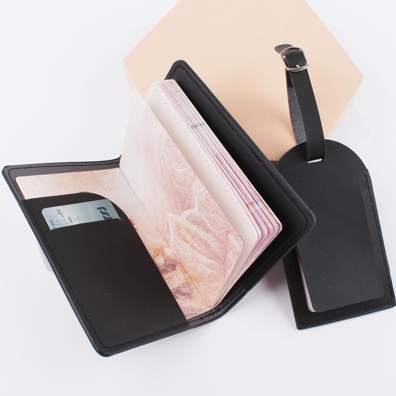 1Set PU Leather Luggage Bag Tag Passport Case, Black - Image 2