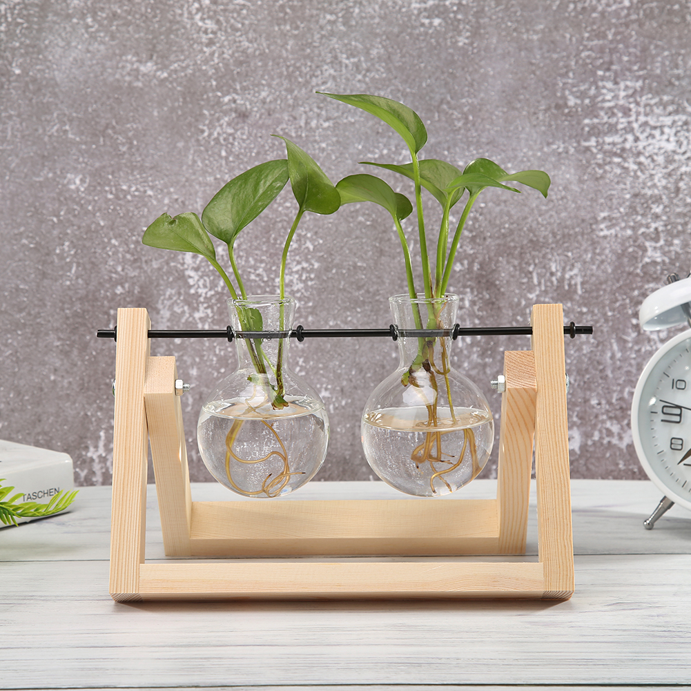 Transparent Glass Vase Wood Frame Iron Art Terrarium Bonsai Table - Image 3