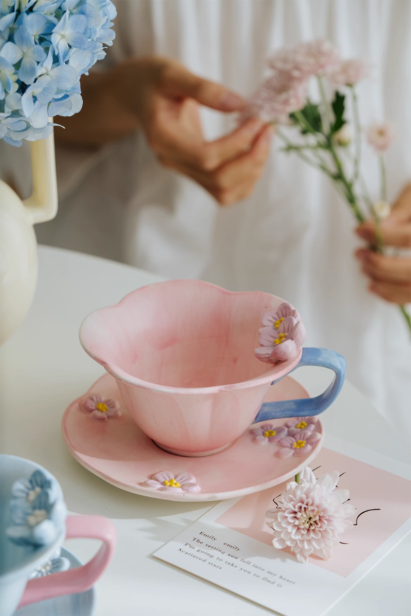 Three-dimensional Relief Hand-painted Underglaze Color Ceramic Plum Tea Cup and Saucer Set - Image 2