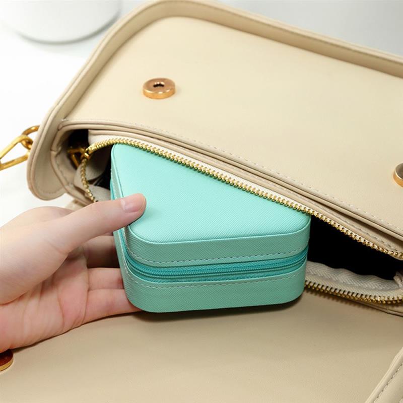 Portable Storage Organizer Blue Leather Jewelry Case Box - Image 4