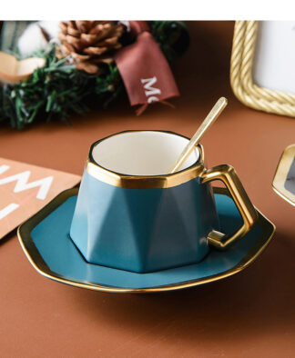 Geometry Ceramics Afternoon Tea Cup and Saucer Set With Gold Spoon