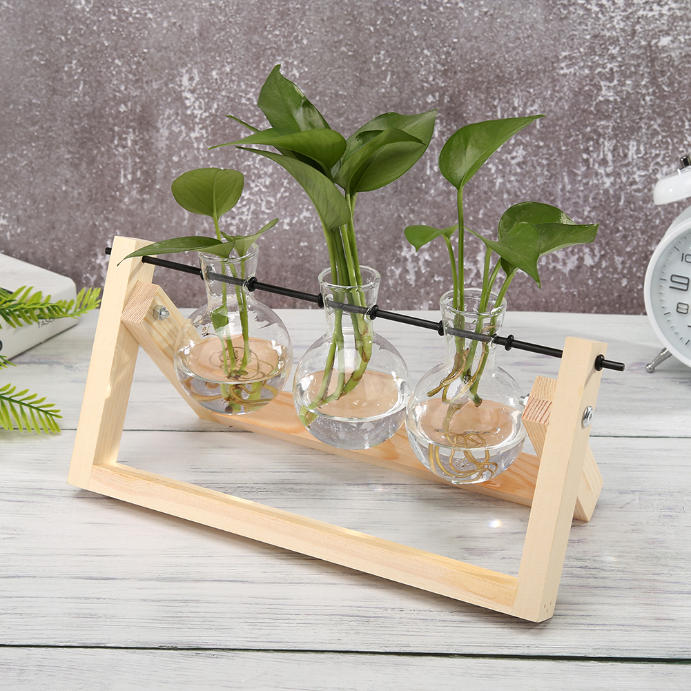 Transparent Glass Vase Wood Frame Iron Art Terrarium Bonsai Table - Image 2