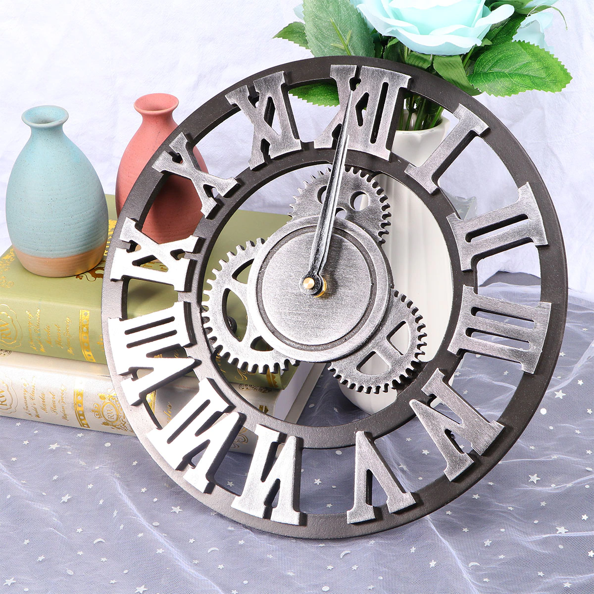Creative Vintage Gear Wall Clock, Silver - Image 2