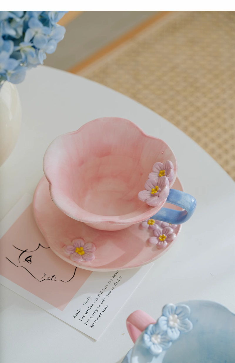 Three-dimensional Relief Hand-painted Underglaze Color Ceramic Plum Tea Cup and Saucer Set - Image 3