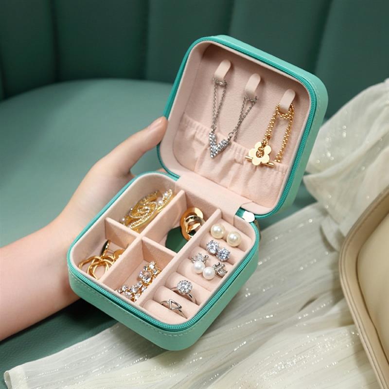 Portable Storage Organizer Blue Leather Jewelry Case Box - Image 2