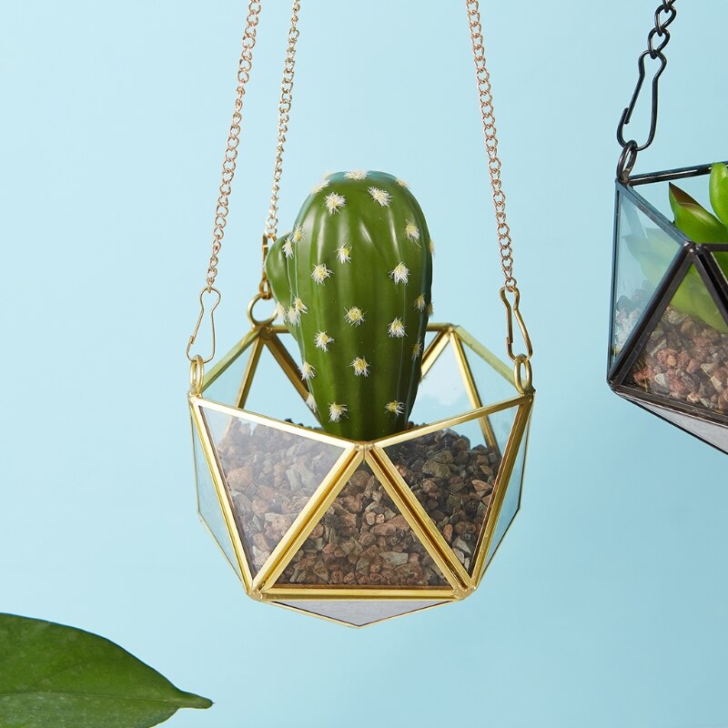 Modern Polyhedron Diamond Shape Hanging Glass Terrarium Plant Holder - Image 3