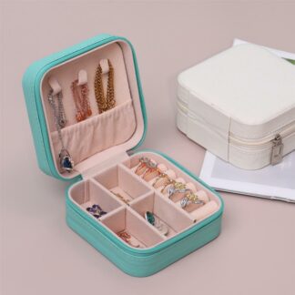 Portable Storage Organizer Blue Leather Jewelry Case Box