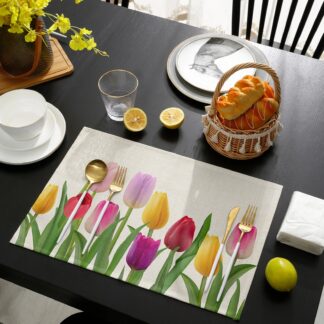 Tulip Flower Idyllic Print Dining Linen Heat Resistant  Table Mats Kitchen Accessories