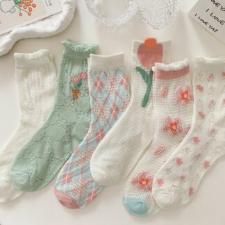 Vintage Flower Socks Cute Crystal Silk Long Sock