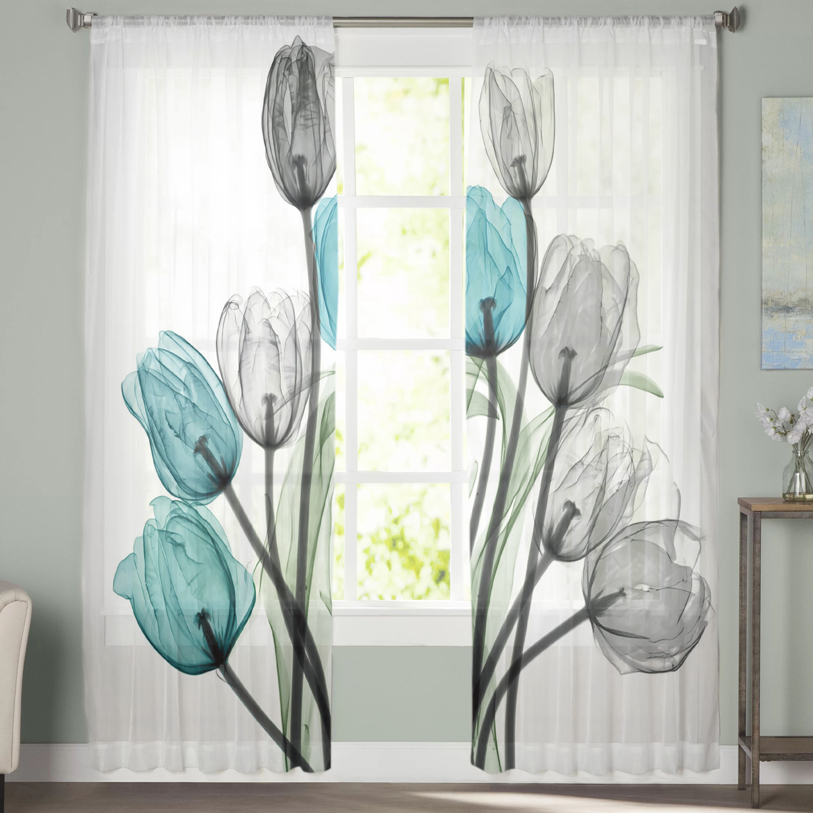 Blue Tulip Flowers Sheer Curtains - Image 2