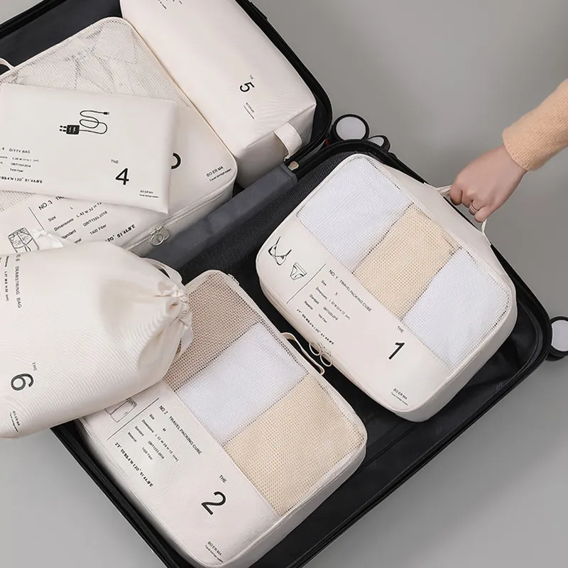 6PCS Beige Travel Clothes Packing Bags Luggage Organizer Bags Set