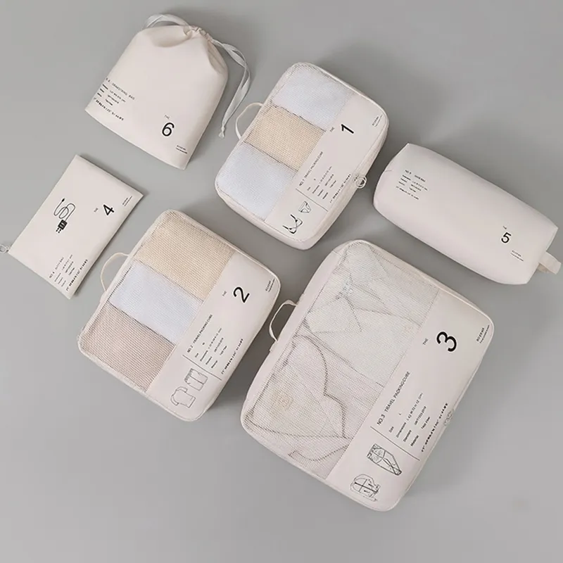 6PCS Beige Travel Clothes Packing Bags Luggage Organizer Bags Set - Image 2