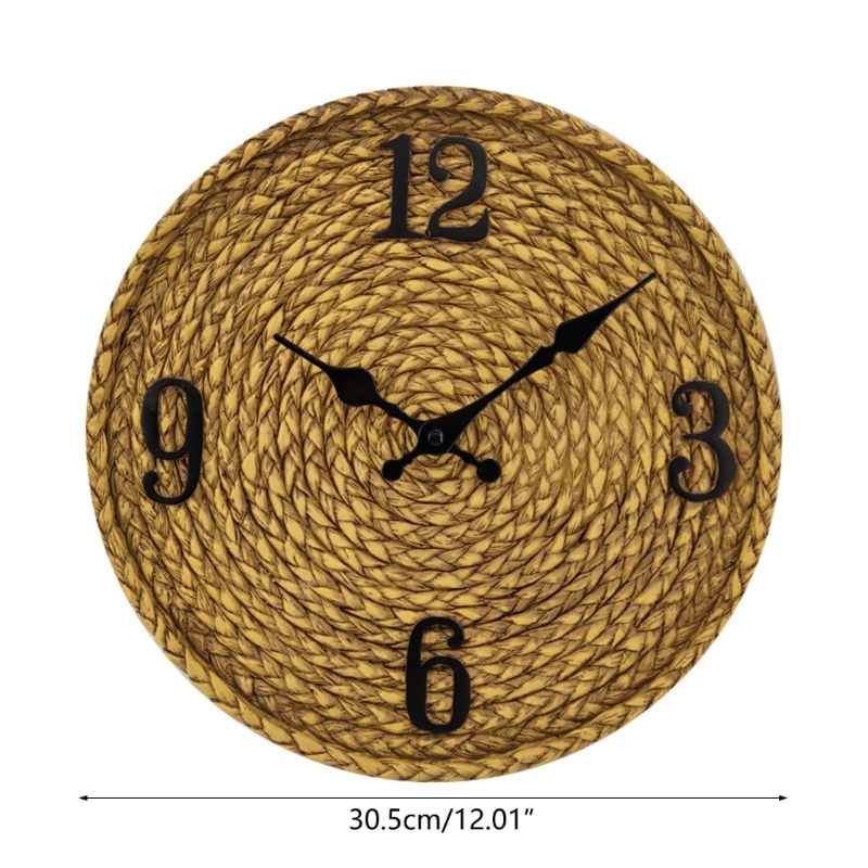 12in Rustic Rattan Wall Clock Charm Hangable Clock Household Decor - Image 6