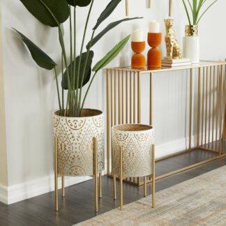 23", 19"H Indoor Outdoor Cream Metal Planter with Removable Stand (2 Counts)