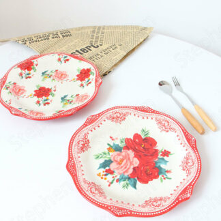 American Rose Flower Painted Deep Ceramic Irregular Plates, 2PCS Dinnerware Set