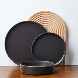 Solid Black Stoneware 3-Piece Round Dinnerware Set