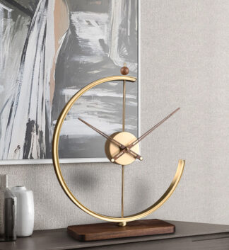 Pure Copper Light Luxury Tabletop Clock with Wooden Base Household Decoration