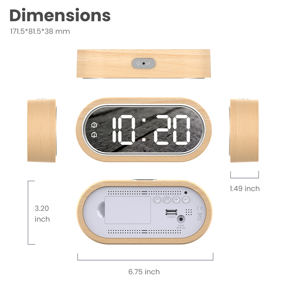 Wood Digital Dual Snooze USB Table Electronic Desk Clock - Image 5