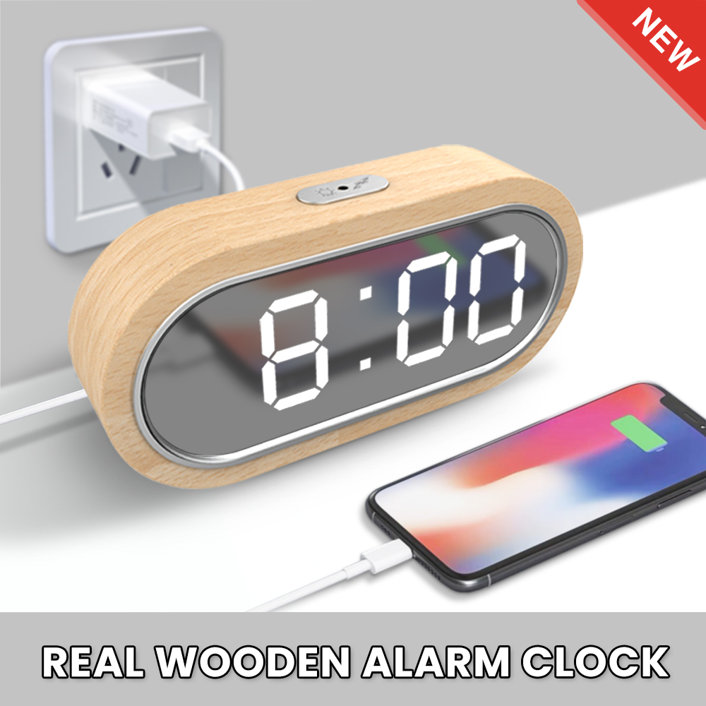 Wood Digital Dual Snooze USB Table Electronic Desk Clock - Image 6