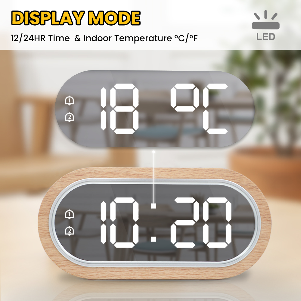Wood Digital Dual Snooze USB Table Electronic Desk Clock - Image 2
