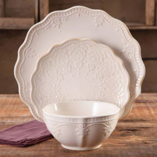 12-Piece Lace Stoneware Dinnerware Set, Linen