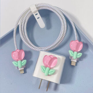 20W Charger Protective Cover Cute 3D Pink Tulip Flower Case