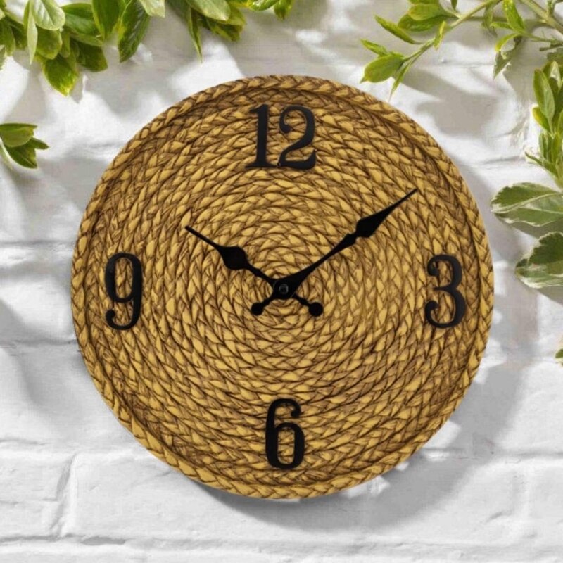 12in Rustic Rattan Wall Clock Charm Hangable Clock Household Decor - Image 2