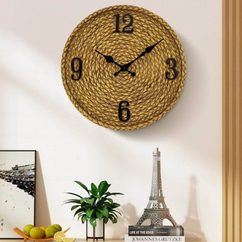 12in Rustic Rattan Wall Clock Charm Hangable Clock Household Decor
